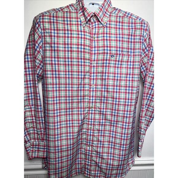 Southern Tide Button Shirt Performance Poly/Nylon L/S Plaid Pink Blue Men Small - Picture 1 of 7